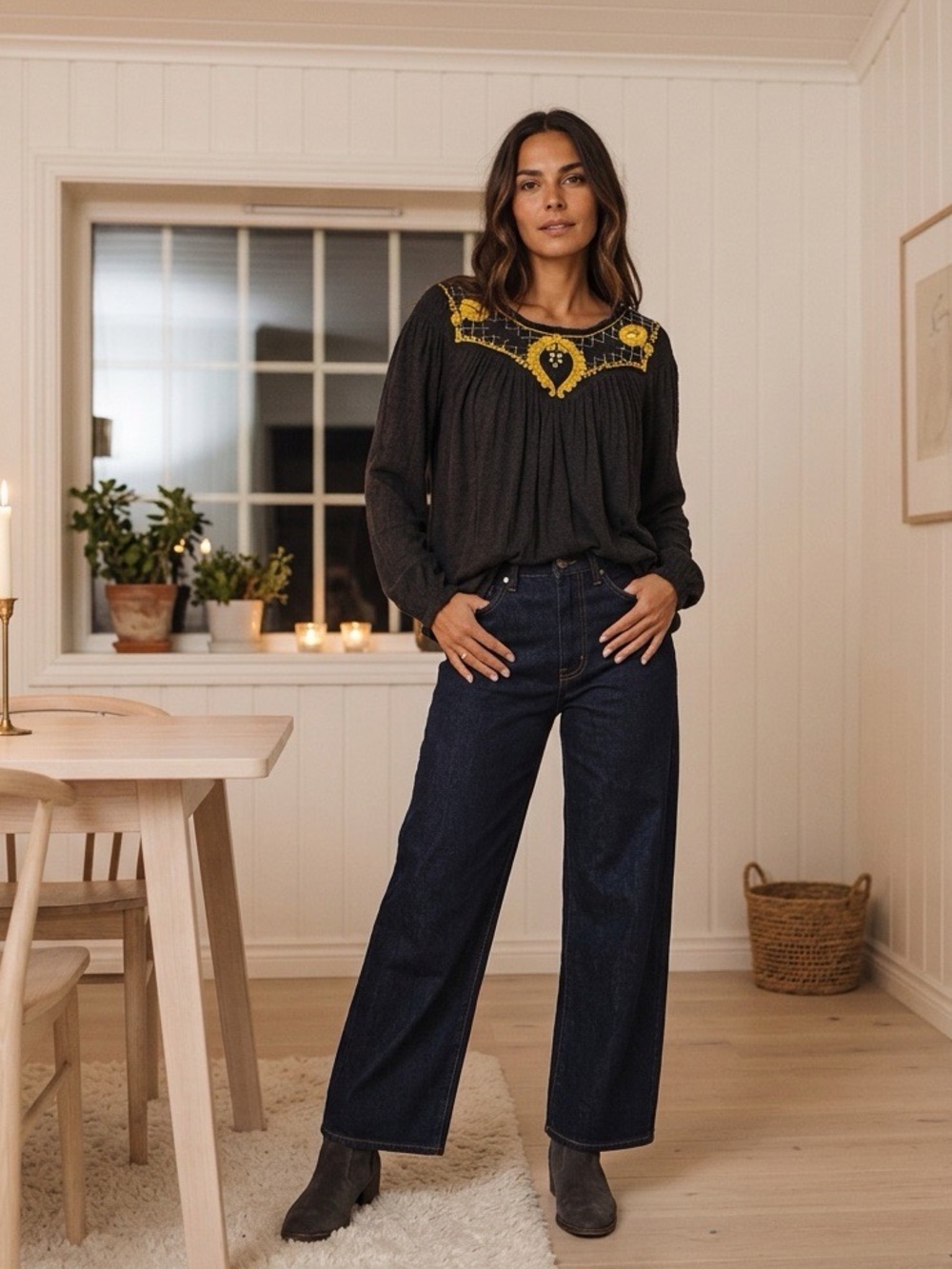 Free People XS Black Embroidered Boho Blouson Peasant Top